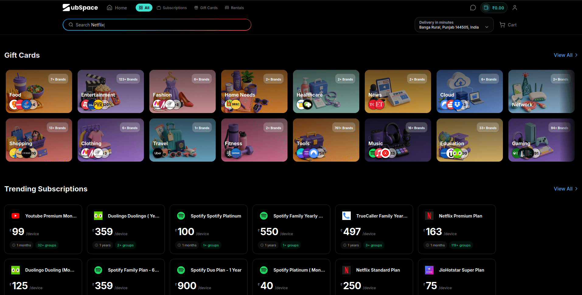 Subspace.money app home screen showing gift card categories and trending subscriptions